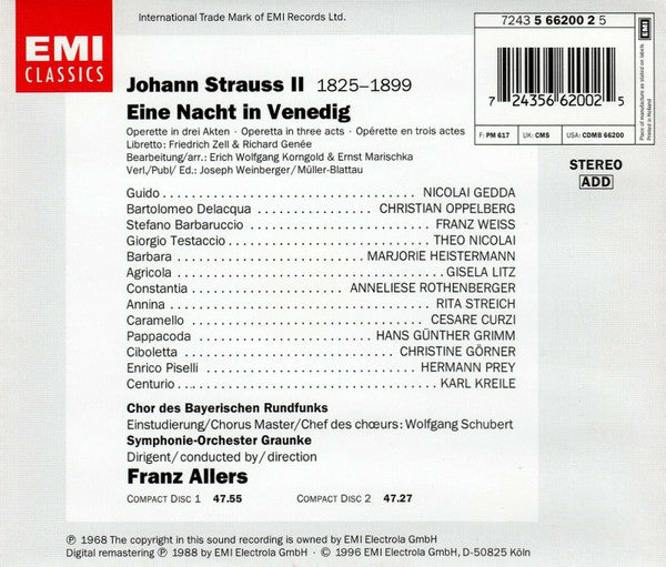 Johann Strauss Jr. – Rita Streich • Nicolai Gedda • Christine Görner • Gisela Litz • Cesare Curzi • Anneliese Rothenberger • Hermann Prey • Chor Des Bayerischen Rundfunks • Symphonie-Orchester Graunke • Franz Allers : Eine Nacht In Venedig (2xCD, Album, RE, RM)