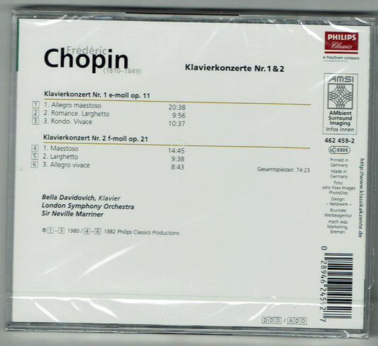 Frédéric Chopin / Bella Davidovich | London Symphony Orchestra | Sir Neville Marriner : Piano Concertos Nr. 1 & 2 (CD, Album, RE)