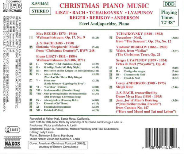 Eteri Andjaparidze, Franz Liszt, Johann Sebastian Bach, Pyotr Ilyich Tchaikovsky, Sergei Lyapunov, Max Reger, Vladimir Rebikov, Leroy Anderson : Christmas Piano Music (CD, Album)