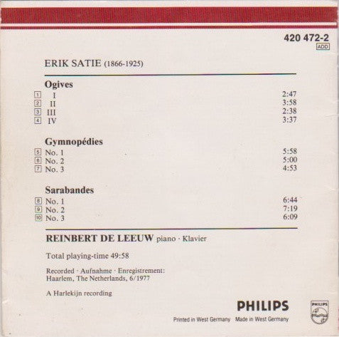 Erik Satie • Reinbert de Leeuw : Early Piano Works = Frühe Klavierstücke = Œuvres De Jeunesse Pour Piano Vol./Folge 2 (CD, Album, RE)
