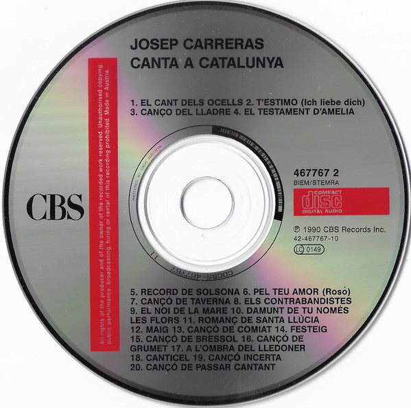 José Carreras, Symphony Orchestra Of The Gran Teatre Del Liceu De Barcelona Director Joan Casas (2) : Josep Carreras Canta A Catalunya (CD, Album)