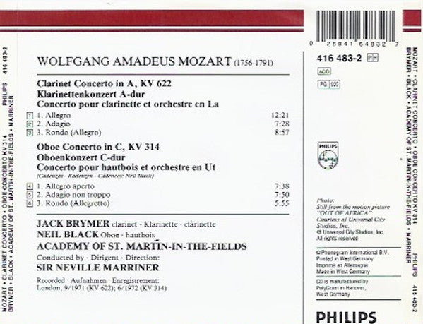 Mozart* – Jack Brymer, Neil Black (3), Academy Of St. Martin-in-the-Fields*, Neville Marriner* : Clarinet Concerto KV 622 · Oboe Concerto KV 314 (Original Recording Featured In "Out Of Africa") (CD, RE, PDO)