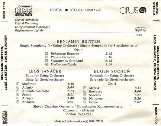 Benjamin Britten, Leoš Janáček, Eugen Suchoň / Slovak Chamber Orchestra, Bohdan Warchal : Simple Symphony - Suite - Serenade (CD)