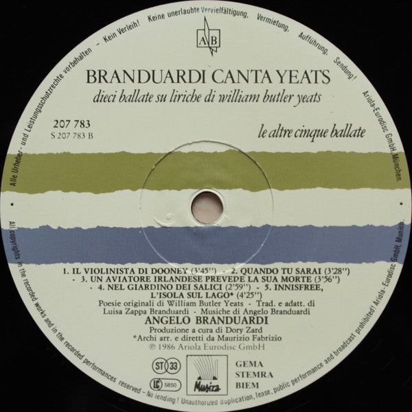 Angelo Branduardi : Branduardi Canta Yeats - Dieci Ballate Su Liriche Di William Butler Yeats (LP, Album, Gat)