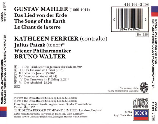 Gustav Mahler – Kathleen Ferrier, Julius Patzak, Wiener Philharmoniker, Bruno Walter : Das Lied Von Der Erde (CD, Album, Mono, RP)