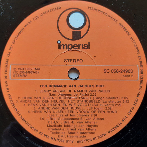 André van den Heuvel ● Jenny Arean ● Henk van Ulsen : Een Hommage Aan Jacques Brel (LP, Album, Gat)