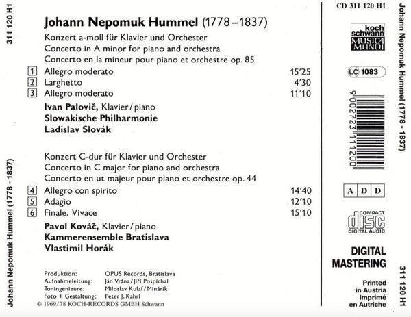 Johann Nepomuk Hummel, Slovak Philharmonic Orchestra, Bratislava Chamber Ensemble, Ladislav Slovák, Vlastimil Horák, Ivan Palovič, Pavol Kováč : Piano Concerto In A Minor Op.85 - Piano Concerto No.2 In C Major, Op.44 (CD, Comp, RE)