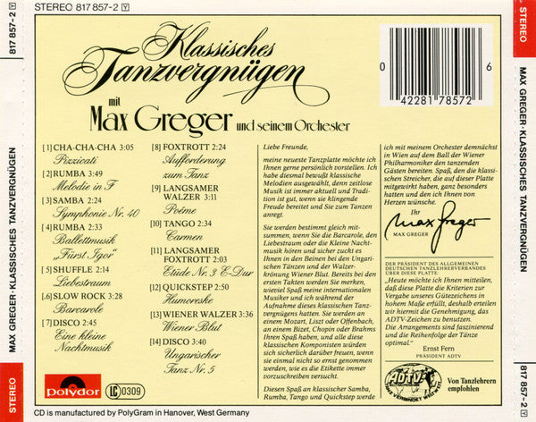 Max Greger Und Sein Orchester : Klassisches Tanzvergnügen Mit Max Greger Und Seinem Orchester (CD, Album, RE)