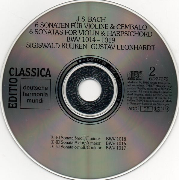 Johann Sebastian Bach - Sigiswald Kuijken, Gustav Leonhardt : Sonaten Für Violine & Cembalo No. 1-6 BWV 1014-1019 = Sonatas For Violin & Harpsichord (2xCD, RE)
