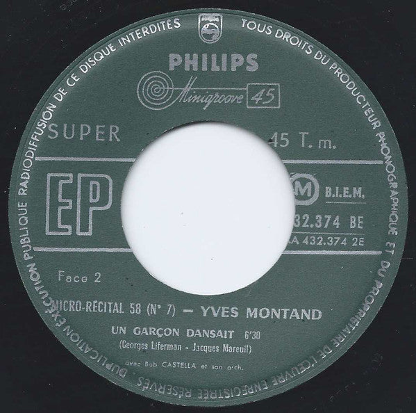 Yves Montand Avec Bob Castella Et Son Orchestre : Micro-Récital 58 (N°7) (7", EP)