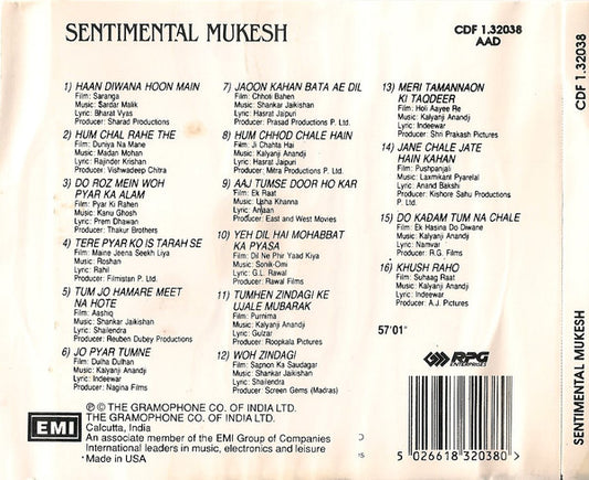 Mukesh : Sentimental Mukesh (CD, Comp)