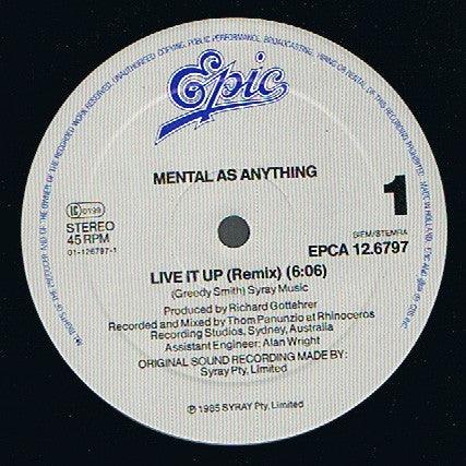 Mental As Anything : Live It Up (Remix) (12", Maxi)