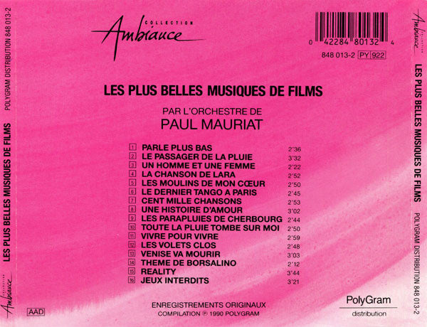 Paul Mauriat And His Orchestra : Les Plus Belles Musiques De Films Par L'Orchestre De Paul Mauriat (CD, Comp, RE)