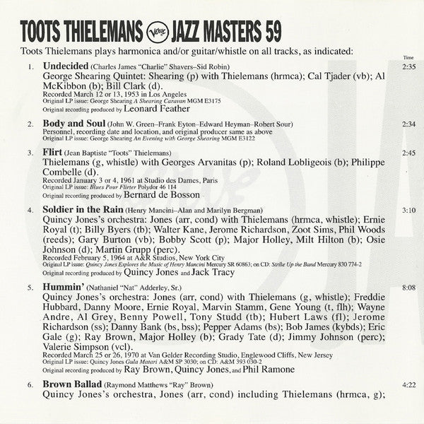 Toots Thielemans : Verve Jazz Masters 59 (CD, Comp, RE)