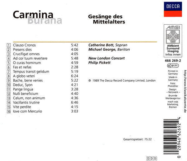 New London Consort • Philip Pickett : Carmina Burana / Gesänge Des Mittelalters (CD, Album, RE, RM)