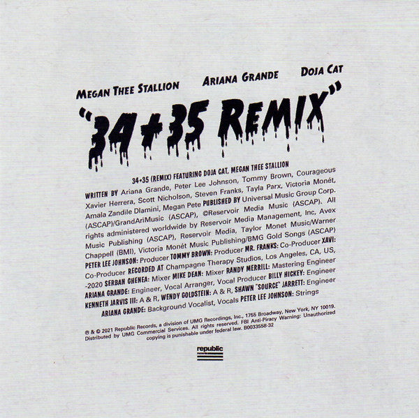 Ariana Grande, Megan Thee Stallion, Doja Cat : 34+35 (Remix) (CD, Single)