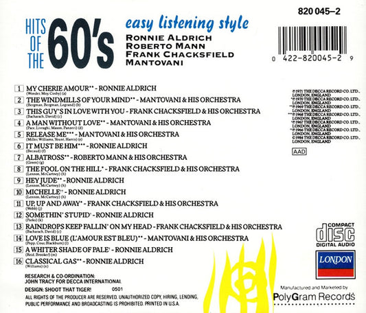 Ronnie Aldrich, Mantovani, Frank Chacksfield, Roberto Mann : Hits Of The 60's Easy Listening Style (CD, Comp)