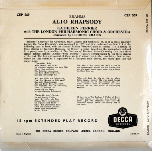 Johannes Brahms - Kathleen Ferrier, London Philharmonic Choir And London Philharmonic Orchestra, Clemens Krauss : Alto Rhapsody (7", EP, Mono)
