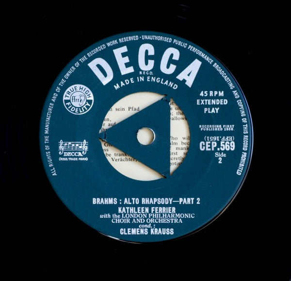 Johannes Brahms - Kathleen Ferrier, London Philharmonic Choir And London Philharmonic Orchestra, Clemens Krauss : Alto Rhapsody (7", EP, Mono)
