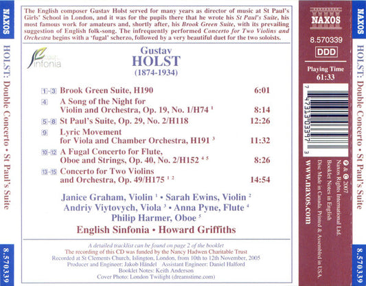 Gustav Holst, English Sinfonia, Howard Griffiths, Janice Graham, Sarah Ewins, Andriy Viytovych, Anna Pyne, Philip Harmer : Double Concerto (CD)