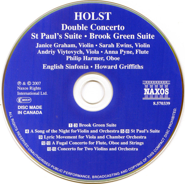 Gustav Holst, English Sinfonia, Howard Griffiths, Janice Graham, Sarah Ewins, Andriy Viytovych, Anna Pyne, Philip Harmer : Double Concerto (CD)