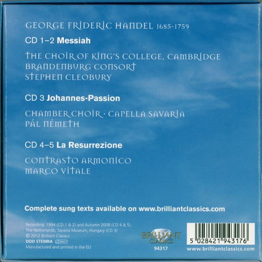 Georg Friedrich Händel : Messiah / Johannes-Passion / La Resurrezione (5xCD + Box, Comp)