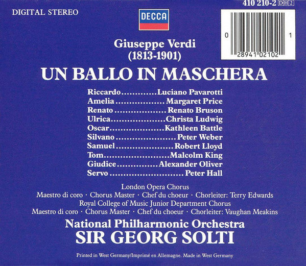 Giuseppe Verdi - Luciano Pavarotti · Margaret Price · Renato Bruson · National Philharmonic Orchestra · Georg Solti : Un Ballo In Maschera (2xCD, Album, PDO + Box, Sli)