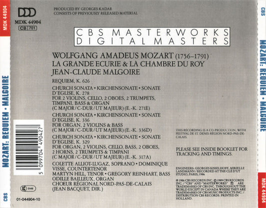 Wolfgang Amadeus Mozart, La Grande Ecurie Et La Chambre Du Roy, Jean-Claude Malgoire : Requiem / Church Sonatas (CD, Album)