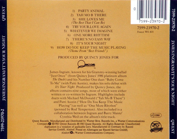 James Ingram : It's Your Night (CD, Album, RE)