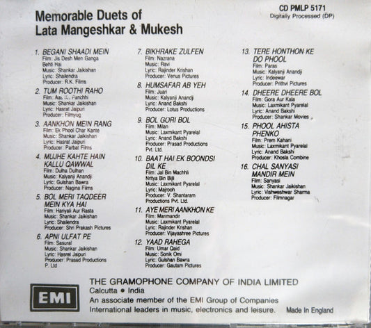 Lata Mangeshkar & Mukesh : Memorable Duets Of Lata Mangeshkar & Mukesh (CD, Comp)