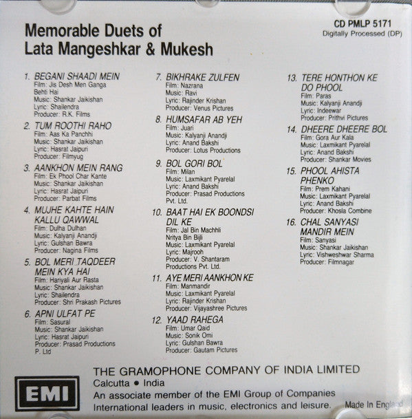 Lata Mangeshkar & Mukesh : Memorable Duets Of Lata Mangeshkar & Mukesh (CD, Comp)