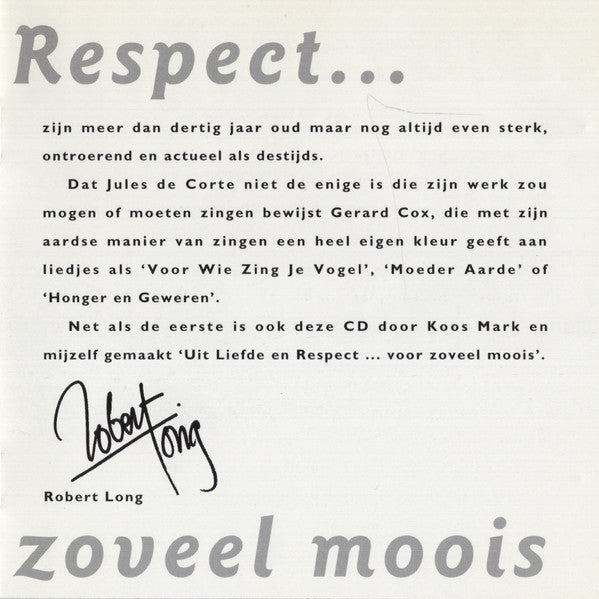 Gerard Cox : Uit Liefde En Respect ... Voor Zoveel Moois (CD, Album)