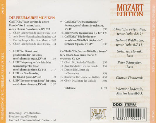 Wolfgang Amadeus Mozart : Freemason Music = Freimaurermusiken (CD)