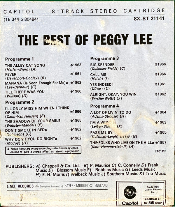 Peggy Lee : The Best Of Peggy Lee (8-Trk, Comp)