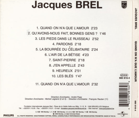 Jacques Brel Avec Les Orchestres André Popp Et Son Orchestre et Michel Legrand Et Son Orchestre : Quand On N'a Que L'amour (CD, RE, RM)