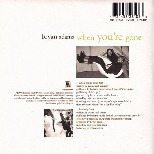 Bryan Adams Featuring Melanie C : When You're Gone (CD, Single)