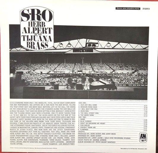 Herb Alpert & The Tijuana Brass : S.R.O. (LP, Album, RE, RP)