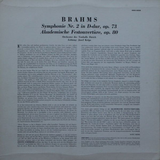 Johannes Brahms, Tonhalle-Orchester Zürich Leitung: Josef Krips : Symphonie Nr. 2 In D-dur Op. 73 / Akademische Festouvertüre (LP)