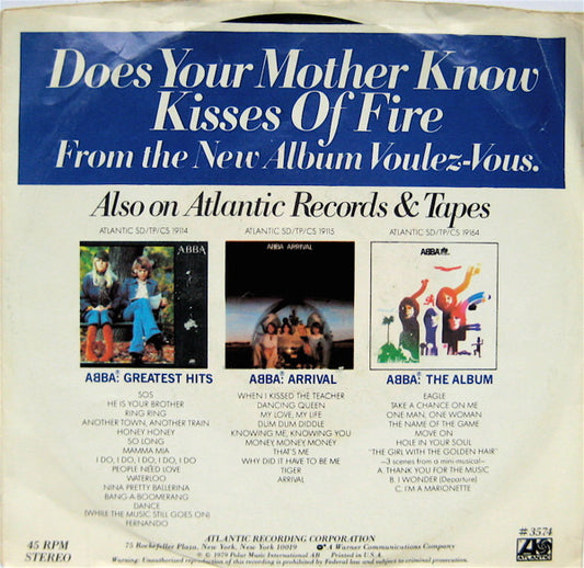 ABBA : Does Your Mother Know / Kisses Of Fire (7", Single, Spe)