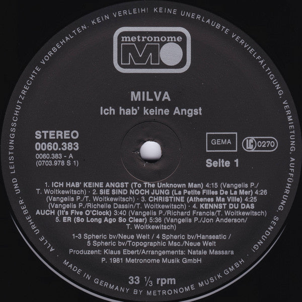 Milva : Ich Hab' Keine Angst (LP, Album)