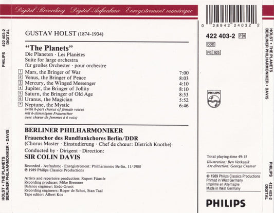 Holst*, Berliner Philharmoniker, Sir Colin Davis : The Planets (CD, Album, PDO)