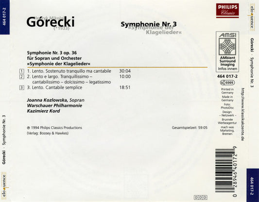 Henryk Górecki, Joanna Kozłowska, Orkiestra Symfoniczna Filharmonii Narodowej, Kazimierz Kord : Symphonie Nr 3. »Symphonie Der Klagelieder« (CD, Album, RE)