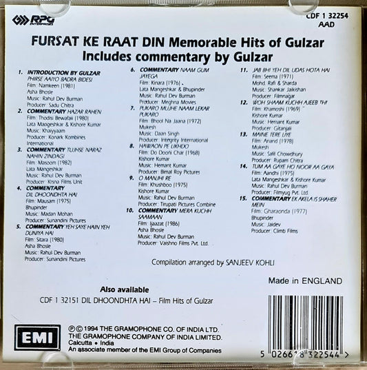 Gulzar : Fursat Ke Raat Din (Memorable Hits of Gulzar) (CD, Comp)