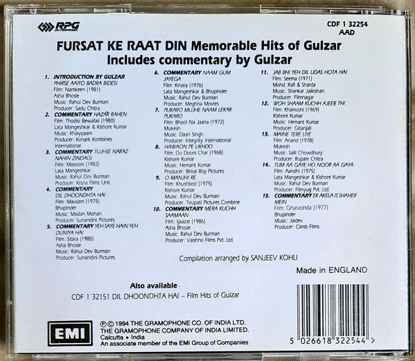 Gulzar : Fursat Ke Raat Din (Memorable Hits of Gulzar) (CD, Comp)