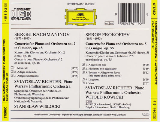 Sergei Vasilyevich Rachmaninoff • Sergei Prokofiev - Sviatoslav Richter, Orkiestra Symfoniczna Filharmonii Narodowej • Stanislaw Wislocki • Witold Rowicki : Piano Concerto No. 2 / Piano Concerto No. 5 (CD, Comp)