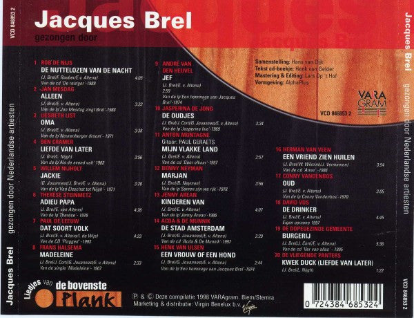 Various : Liedjes Van De Bovenste Plank - Jacques Brel Gezongen Door Nederlandse Artiesten (CD, Comp)