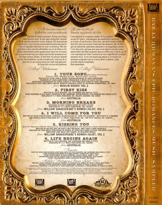 Baz Luhrmann : Baz Luhrmann's Epic Romances - Exclusive Music Sampler (DVD, Comp, Smplr)