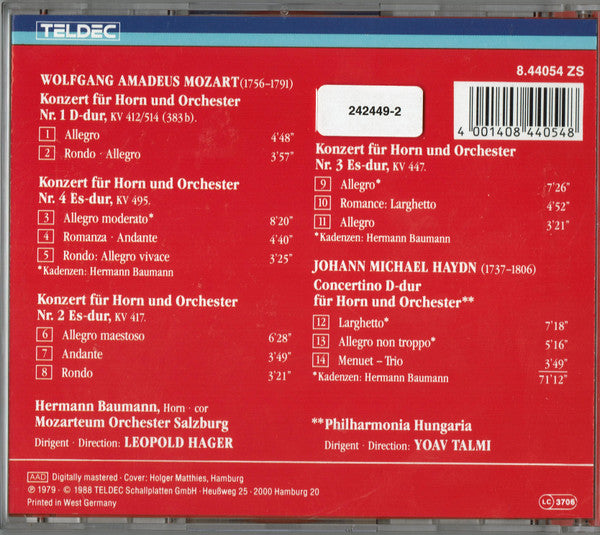 Wolfgang Amadeus Mozart, Hermann Baumann, Das Mozarteum Orchester Salzburg, Leopold Hager, Michael Haydn, Philharmonia Hungarica, Yoav Talmi : Mozart - Haydn Hornkonzerte (CD)