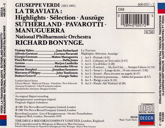 Giuseppe Verdi, Joan Sutherland, Luciano Pavarotti, Matteo Manuguerra, National Philharmonic Orchestra, Richard Bonynge : La Traviata (Highlights - Sélection - Auszüge) (CD, Album, RE)