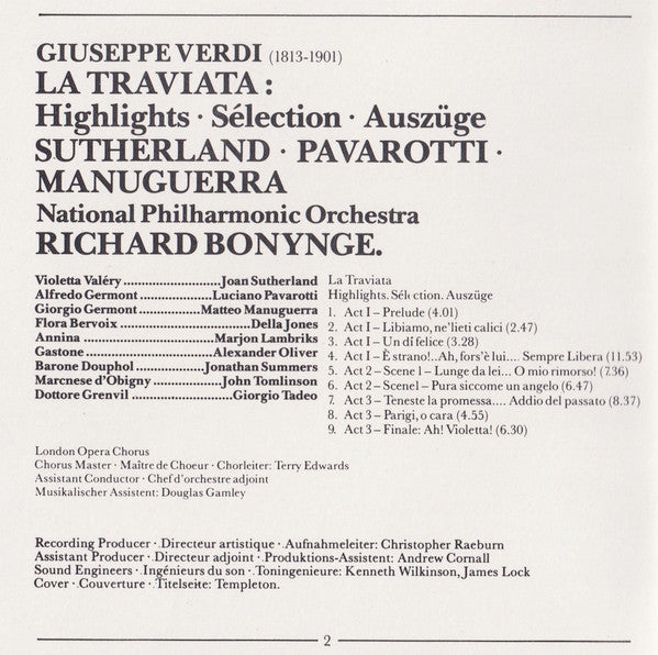 Giuseppe Verdi, Joan Sutherland, Luciano Pavarotti, Matteo Manuguerra, National Philharmonic Orchestra, Richard Bonynge : La Traviata (Highlights - Sélection - Auszüge) (CD, Album, RE)